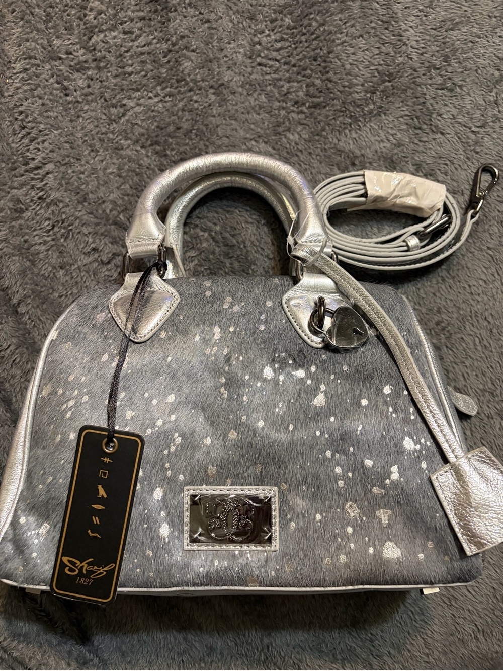 Sharif 1827 hair on hide (calf hair) metallic silver splatter pattern silver